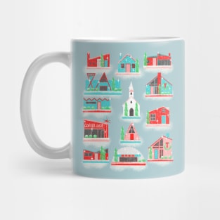 Red, Turquoise and Pink Putz village with snow Mug